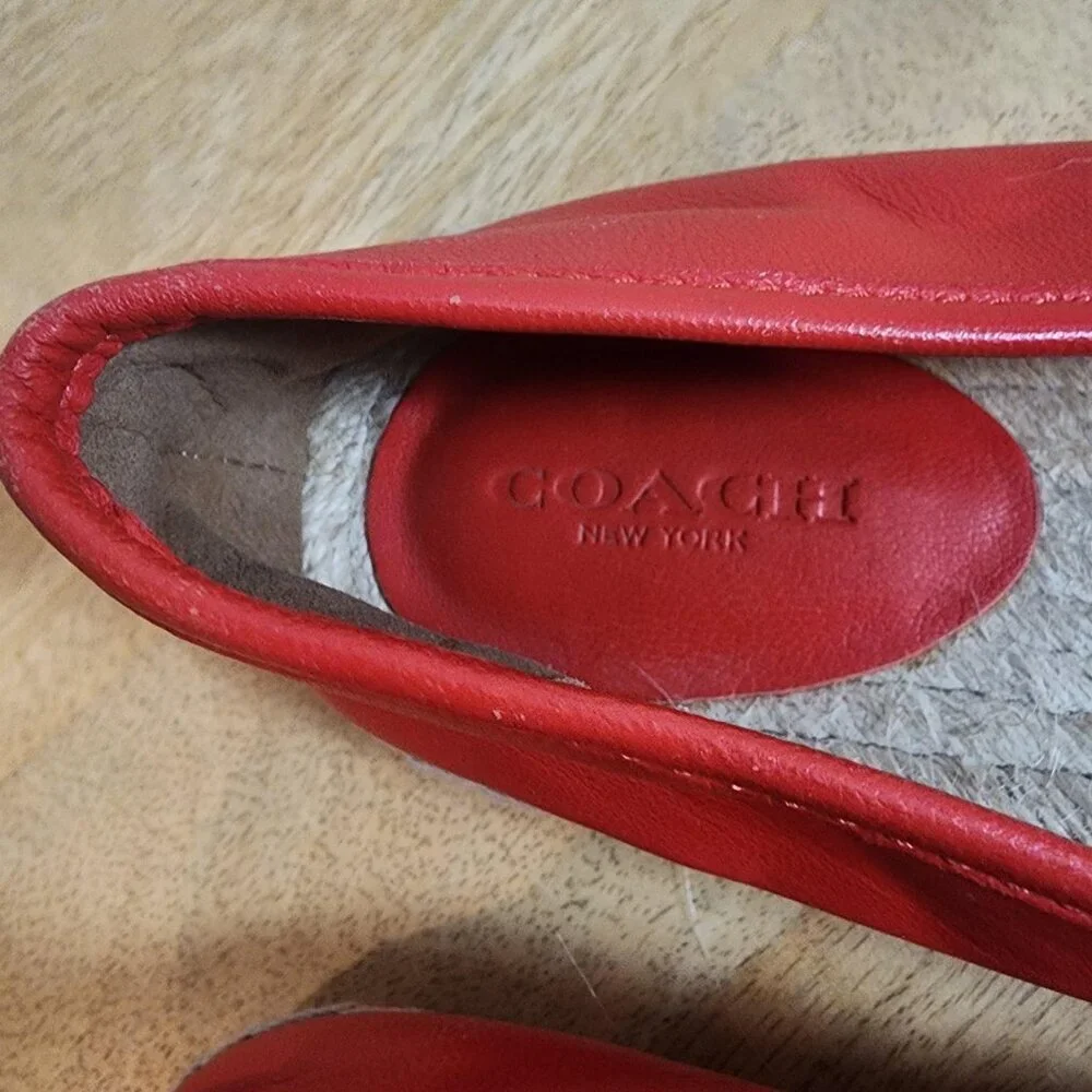 Coach Shoes Womens Size 7.5 Red Leather Espadrille Flats Logo Casual